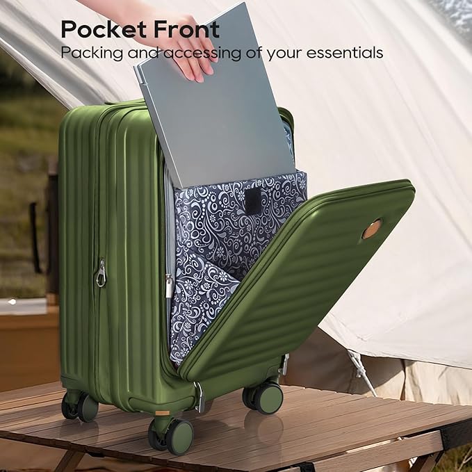 Joyway Luggage Sets 5 Piece with Front Pocket, Expandable Top Opening Suitcase Set, PC Hardside Carry on Suitcase with Spinner Wheels and TSA Lock (Dark Green)