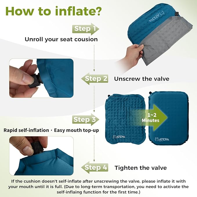 ATEPA Inflatable Seat Cushion, Self-Inflating Portable Stadium Airplane Travel Foam Cushion Pad for Camping, Sports Events, Outdoor