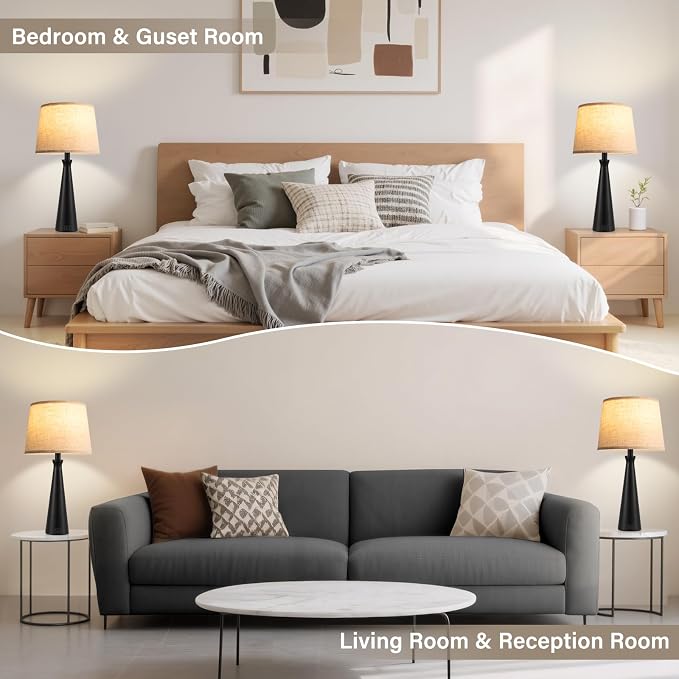 Modern Touch Lamps for Nightstand, 3 Way Dimmable Bedroom Lamp Set of 2 | USB C+A Charging Ports, Black Bedside Lamps for Bedroom, Living Room, End Table, Bed Side, LED Bulb Included
