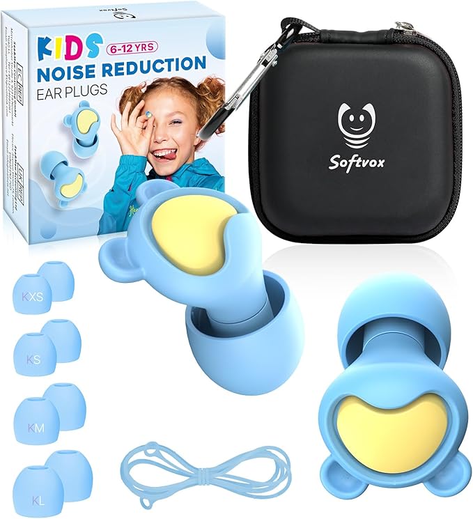 Kids Earplugs (5-12 yrs)– Noise Reduction for Children, Multi-Purpose Noise Sensitivity Ear Plugs for Home, School, Playtime & Beyond - 8 Ear Tips in XS/S/M/L, Sky Blue+Purple