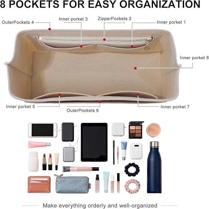 Doxo Backpack Organizer Insert for Longchamp Le Pliage L Backpack | Felt Material with 8 Compartments & YKK Zipper Pocket | Custom-Fit Longchamp Backpack Insert (LB, Beige)