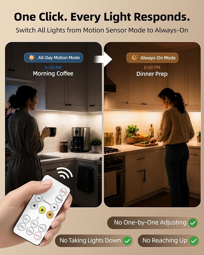 EZVALO 3-Pack 16.5inch Under Cabinet Lighting with Remote, 4000mAh Rechargeable Motion Sensor Lights, Magnetic Dimmable Closet Light, 3 Color Temps Wireless Lights for Kitchen, Pantry, Stair