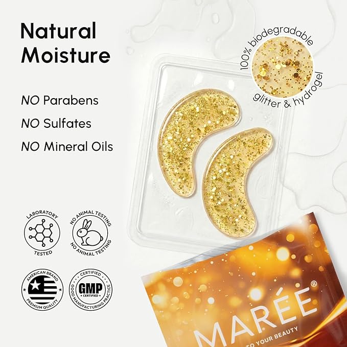 MAREE 24k Gold Glow Under Eye Gels for Dark Circles and Puffiness - Cooling Collagen & Hyaluronic Acid Skincare Gel Pads - Gold Eye Patches for Puffy Eyes and Dark Circles - Under Eye Masks