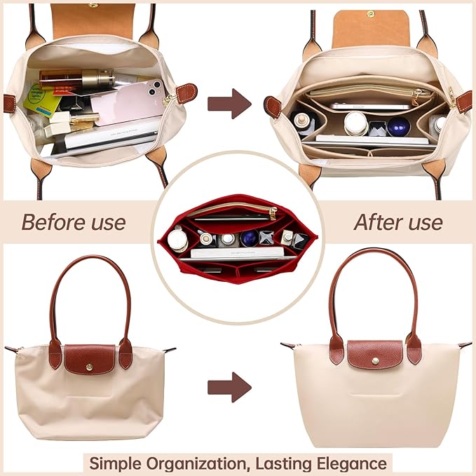 OPPOSHE Purse Organizer Insert for Longchamp Le Pliage, Premium Felt Long Champ Bag Handbag Women, Tote Organizer Insert with 9 Compartments (Large, Red)