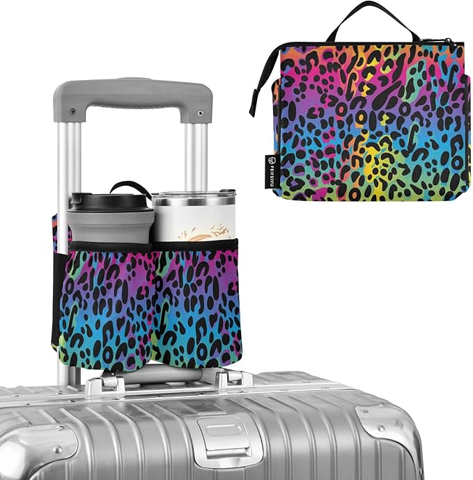 Luggage Cup Holder for Suitcases Free Hands Travel Cup Holder Portable Suitcase Cup Drink Holder Luggage Cup Caddy Bag Carrier Rainbow Leopard Print