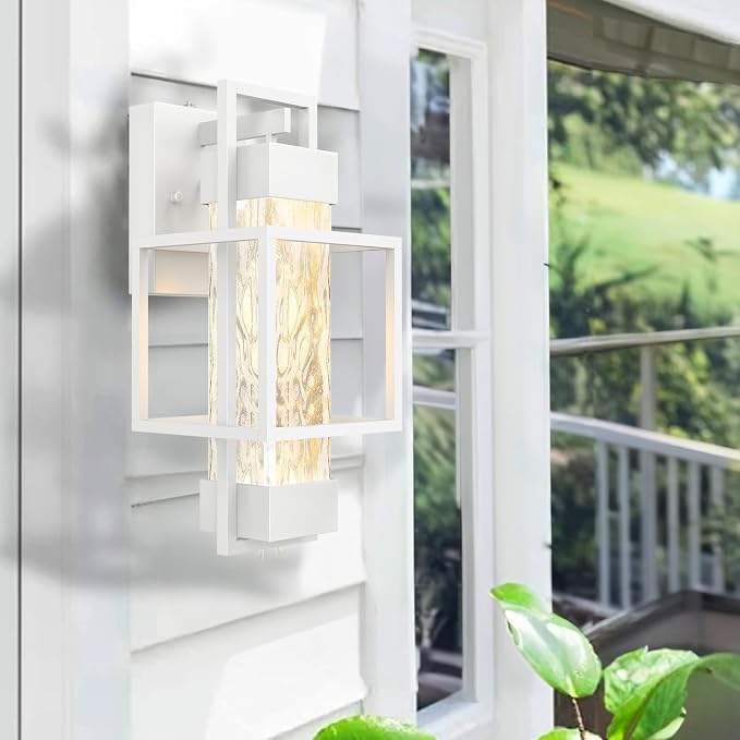 Modern Outdoor Light Fixture Dusk to Dawn Outdoor Lighting, 15" H Exterior Wall Sconce Waterproof Porch Light, Outside Light for House with Water Glass for Garage Doorway, White