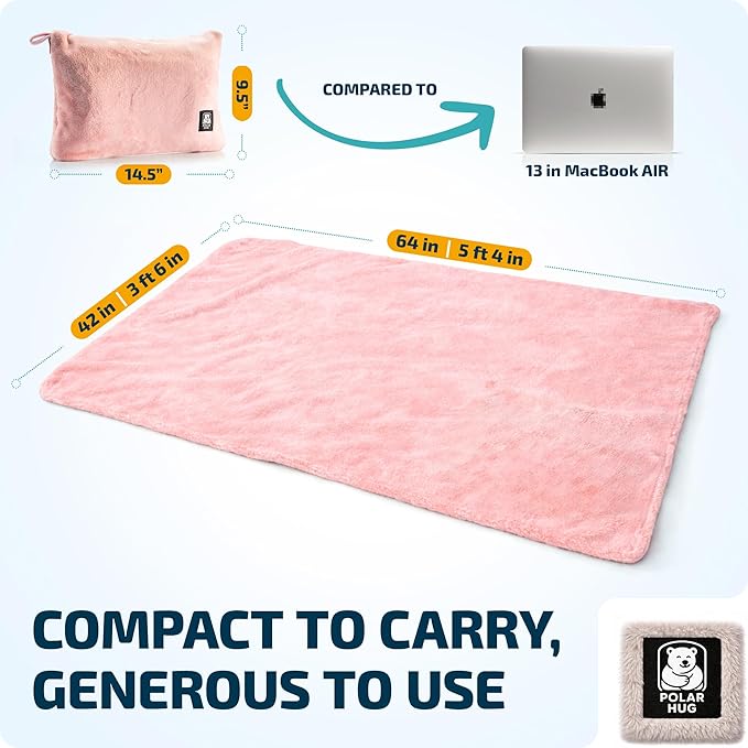 Travel Blanket and Pillow Set — Airplane Blanket with Inflatable Pillow and Cotton Case, Compact Travel Blanket with Back-Neck Snaps for Long Flights