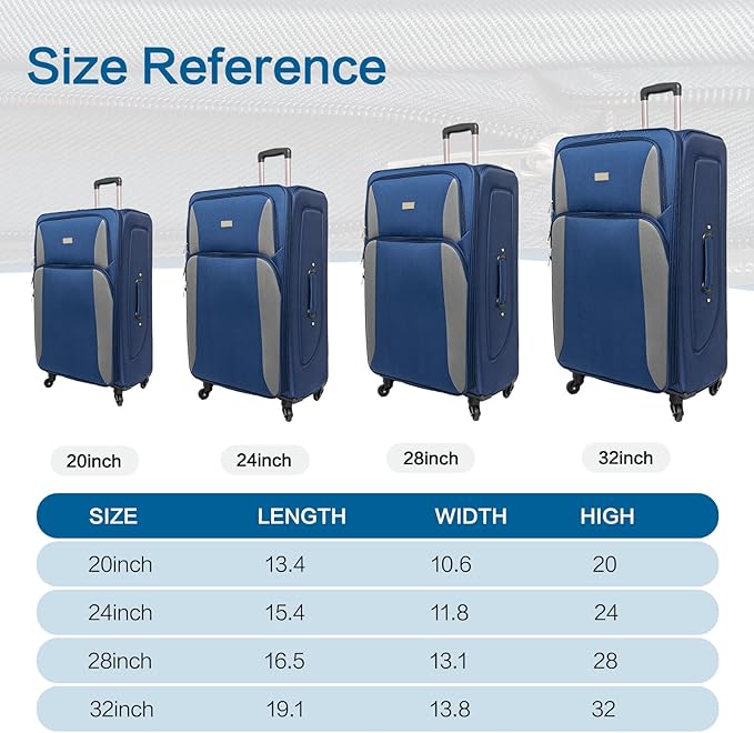 Softshell Luggage Expandable 4 Piece Set (20/24/28/32 Inch) Suitcase Polyester Softside Lightweight Luggage Travel Set Elegant Suitcase (Navy Blue)