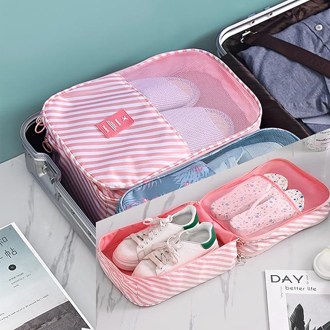 Pink Strip Travel Shoe Bag - Holds 3 Pair of Shoes, Travel Essentials Bag for Flying, Accessories Bag