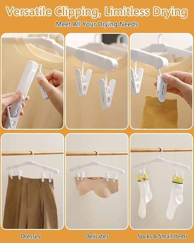 Foldable Travel Hanger with Clips - 5 Pack Portable Collapsible & Space-Saving Hangers for Cruise Suitcase, White