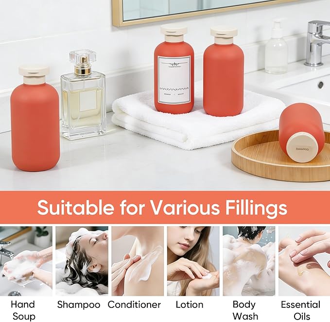 DEMORA 6.6oz Travel Bottles for Toiletries, Larger Plastic Travel Squeeze Bottles Leak Proof Refillable Toiletry Containers with Flip Caps and Labels for Shampoo Conditioner Lotion (Qrange, 4 Pcs)