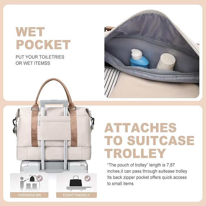 Weekender Bags for Women, Travel Duffel Bags with Shoe Compartment,Personal Item Travel Bag for Airlines, Carry on Overnight Tote Bag for Women，Beige&Brown