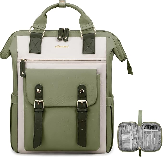 LOVEVOOK Laptop Backpack for Women, Teacher Nurse Bag Work Travel Computer Backpacks Purse,Water Resistant Daypack,Green Beige 15.6in