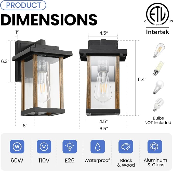 Outdoor Wall Sconce Outside Porch Light in Wood Grain & Black Finish