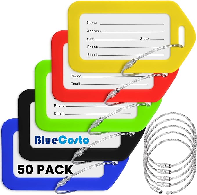 BlueCosto - Luggage Tags - Multicolored, 50 Pack - Suitcase Tags with Name ID Card & Heavy-Duty Metal Wire Loops - Bright Colored PVC Identifiers for Travel Baggage - Backpack Name Labels