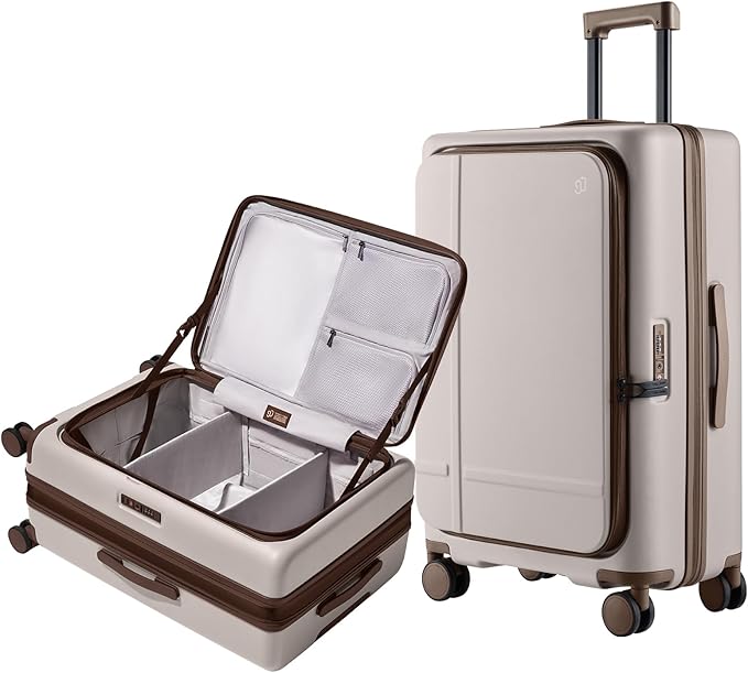 NINETYGO Medium Checked Luggage 25 Inch, Flat Top Opening Check In Luggage with Cup Holder, Expandable, Coffee-Infused PC Hard Shell, Eco-Friendly, TSA Lock, 360° Spinner Wheels (Flat White)