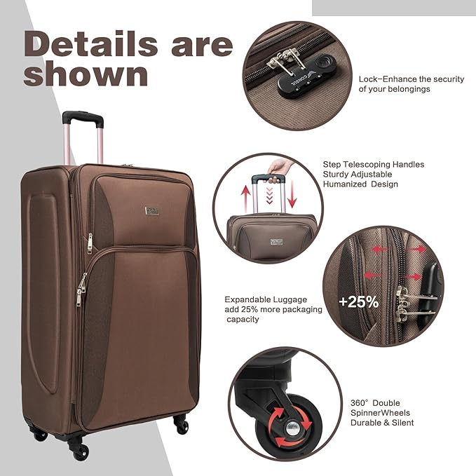 4 Piece Softshell Expandable Luggage Sets, Lightweight Travel Suitcase Set with Lock and 360°Swivel Spinner Wheels, Durable Softside Luggage, 20 in/24 in/28 in/32 in, Brown