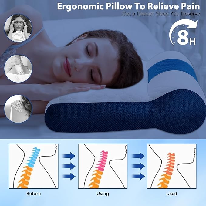 Ergonomic Pillow,Neck Pillow Cervical Pillow for Neck Strain Relief, Neck Pillow for Sleeping,Cervical Contour Neck Support Pillows for Side Back Stomach Sleeper (White and Blue)