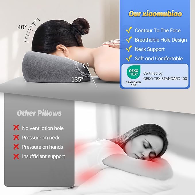 Face Down Pillows for Massage Table, Massage Headrest for Bed, Face Pillow for Stomach Sleeping, BBL Pillow After Surgery Post Eye Surgery & Vitrectomy Recovery, Removable Cover Grey
