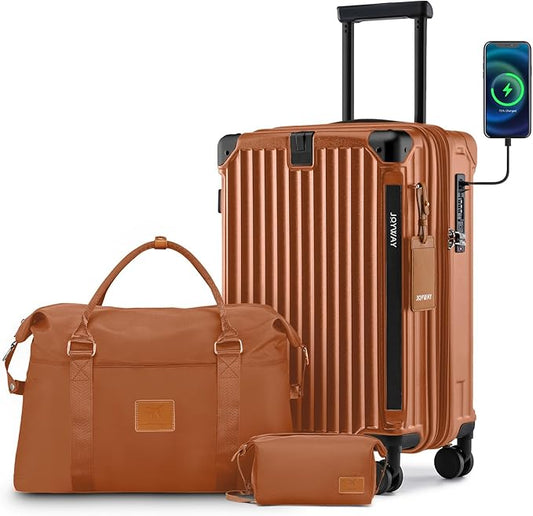 Joyway 20in Carry On Luggage with Cup Holder and USB Port, 25% Expandable Capacity, Smart Suitcase Set with Anti Slip Wheels and Handbag, Perfect for Men and Women (Brown, Carry-On 20-Inch Handbag)