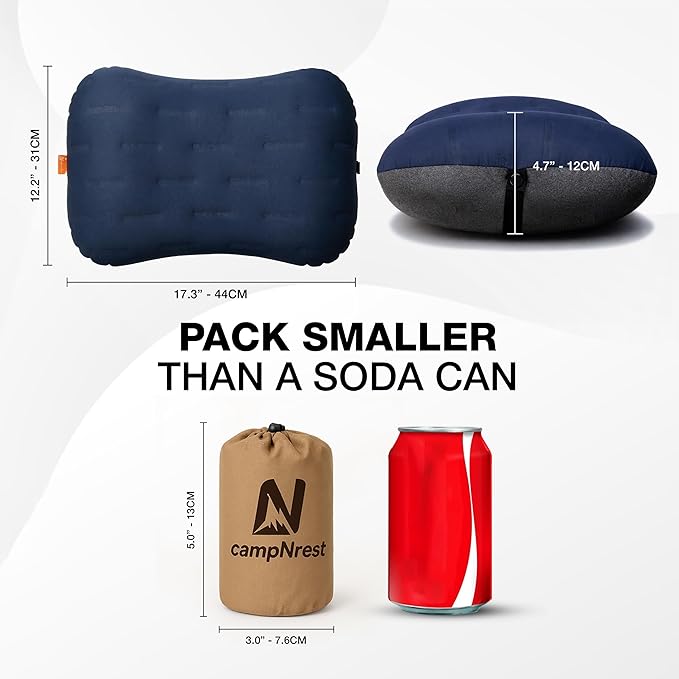 Inflatable Camping Pillow - Ultralight Compact Air Pillow for Travel, Backpacking & Hiking - Ergonomic Neck & Lumbar Support - Portable Inflatable Pillow with Removable Washable Cover - (Navy Blue)