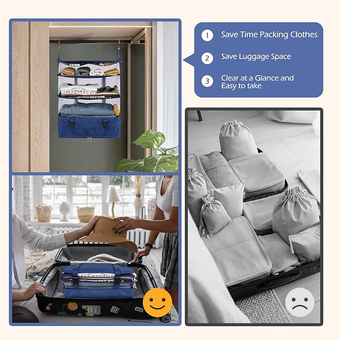Surblue Hanging Closet Storage Bag Collapsible 3-Shelf Washable Oxford Fabric with 2 Hooks (XL 17.71 * 11.81 * 20in, Blue)