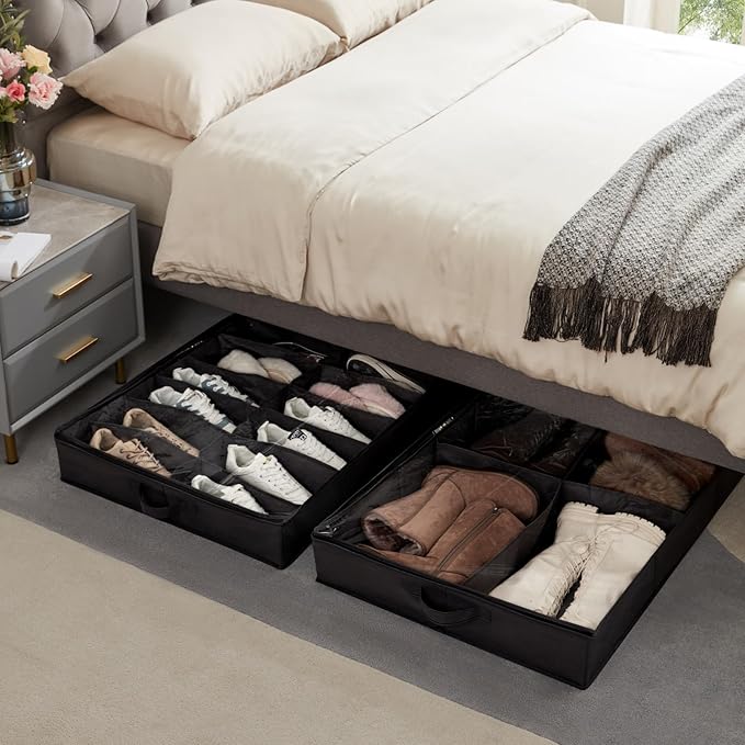 Lifewit Under Bed Shoe Storage Organizer 2 Pack(16 Pairs+4 Pairs), 4.3" Tall Fabric Shoes Container Box, Foldable Closet Shoe Bag with 2 Reinforced Handles and Clear Cover, Black