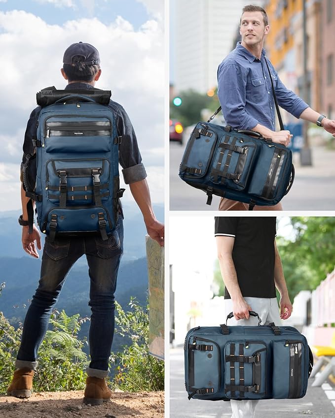 Ponhog Travel Backpack for Men, 50L Carry On Flight Approved Convertible Duffle Bag with Shoe Compartment, 17 inch Laptop Luggage with USB Charging Port for Weekender Hiking, Blue