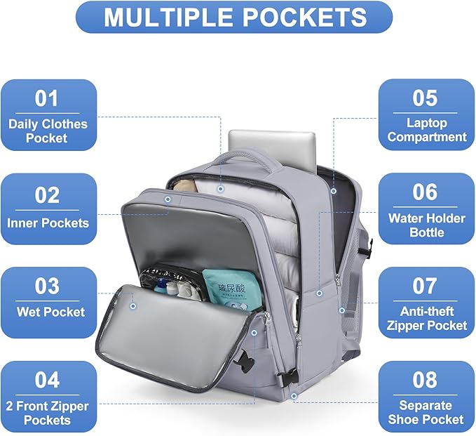 Grey Travel Backpack - Carry On Flight Approved Mochila De Viaje Personal Item - Large Backpack for Men & Women - 18x14x8 Inches