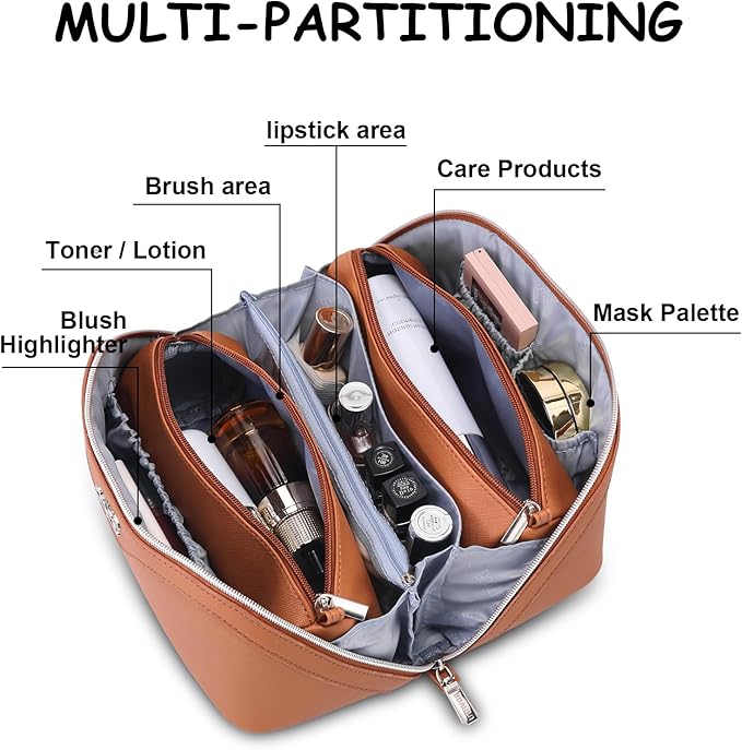 BOYATU Travel Makeup Bag Organizer Cosmetic Bag: 3 Pcs Set Make up Bags for Women with Handle - Waterproof Vegan Leather Toiletry Bags Travel Essentials Pouch with Compartments (C-02-Brown)