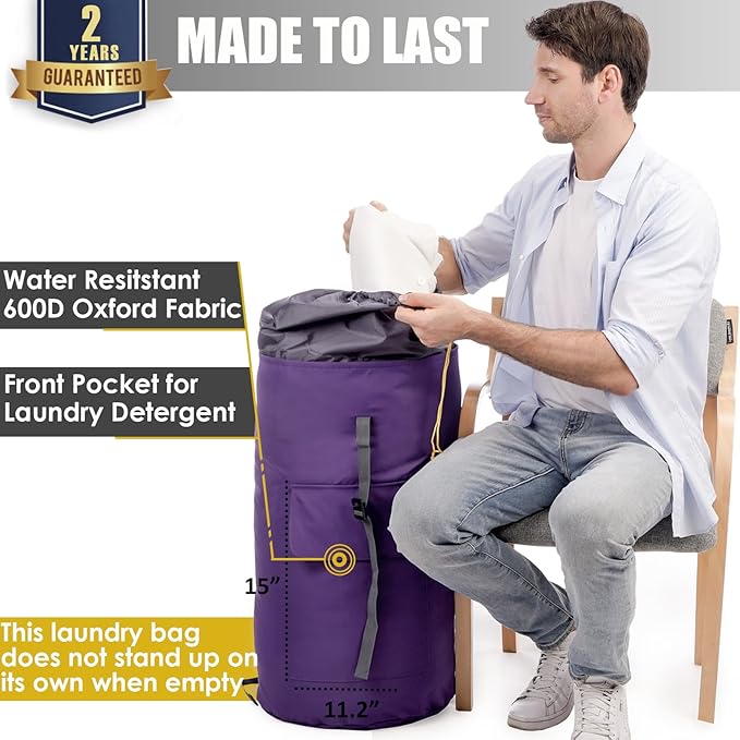 Backpack Laundry Bag, 115L Heavy Duty Extra Large College Laundry Backpack, Dirty Clothes Bag with Shoulder Straps, Laundry Hamper Bag with Drawstring Closure for College Dorm, Apartment Purple