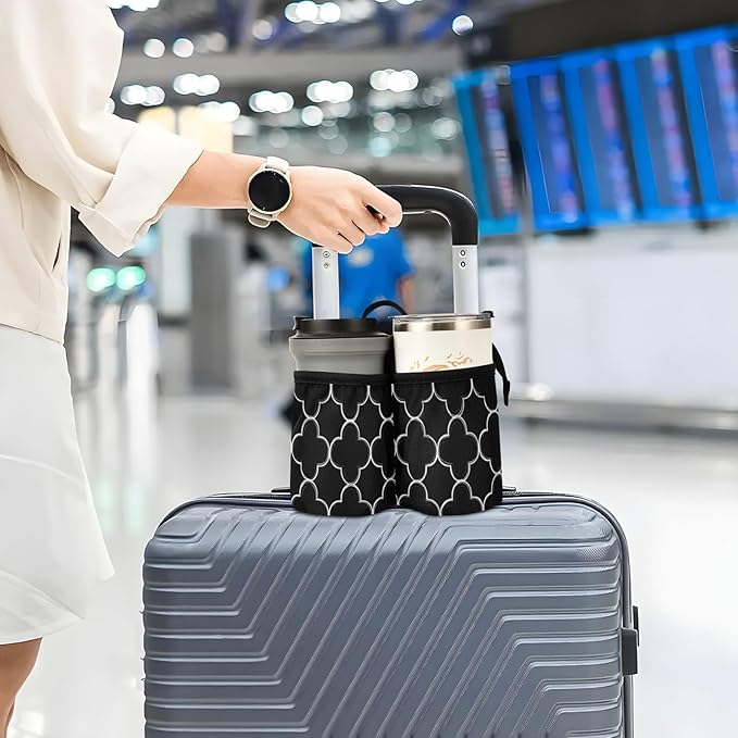 Luggage Cup Holder for Suitcases Free Hands Travel Cup Holder Portable Suitcase Cup Drink Holder Luggage Cup Caddy Bag Carrier Black Quatrefoil