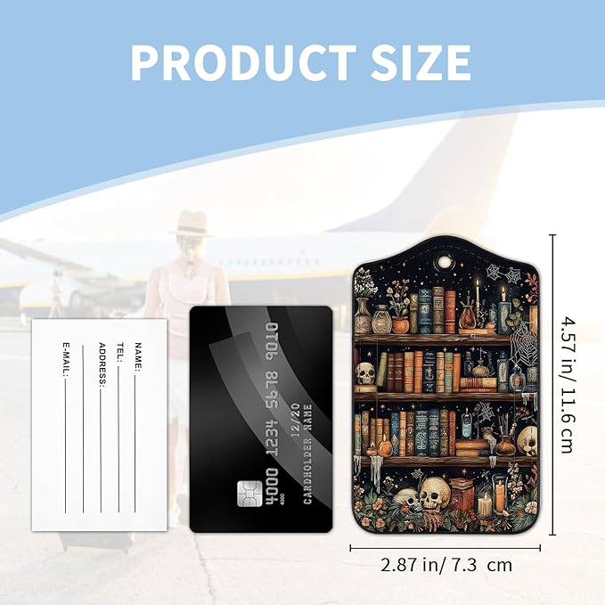 2 Pcs Luggage Tag for Suitcases, Goth Skull Bookshelf PU Leather Suitcase Tag Privacy Cover ID Label with Metal Loop, Personalized Baggage Identifier for Women Cruise Bag Travel Essentials