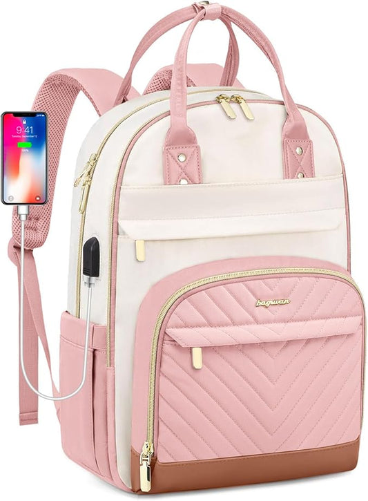 Laptop Backpack for Women Work Bag - 15.6 inch Travel Backpack Purse with USB Charger College Bookbag Waterproof Cute Casual Daypack Fashion Business Computer Backpacks for Teacher Nurse Pink Beige