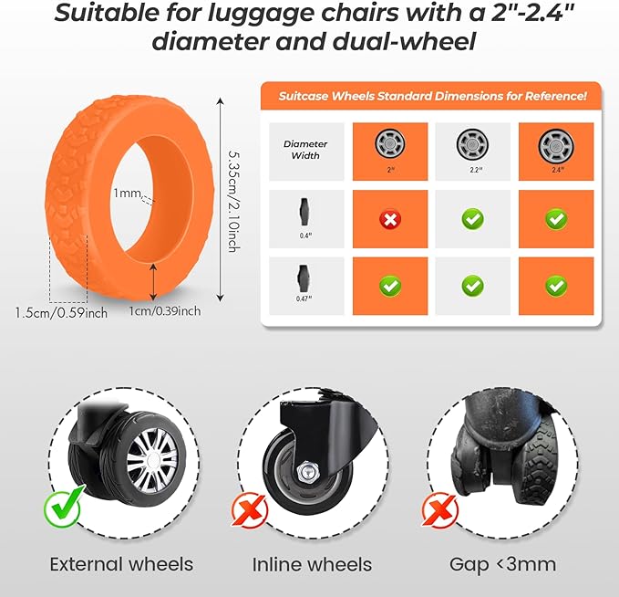 8-Piece Silicone Luggage Wheel Covers-For Dual-Row Spinner Wheels (2.0"-2.4")Diameter Only-Reduces Noise and Prevents Scratches-Designed for Wheels with a Top Clearance Greater Than 0.12" (Orange)
