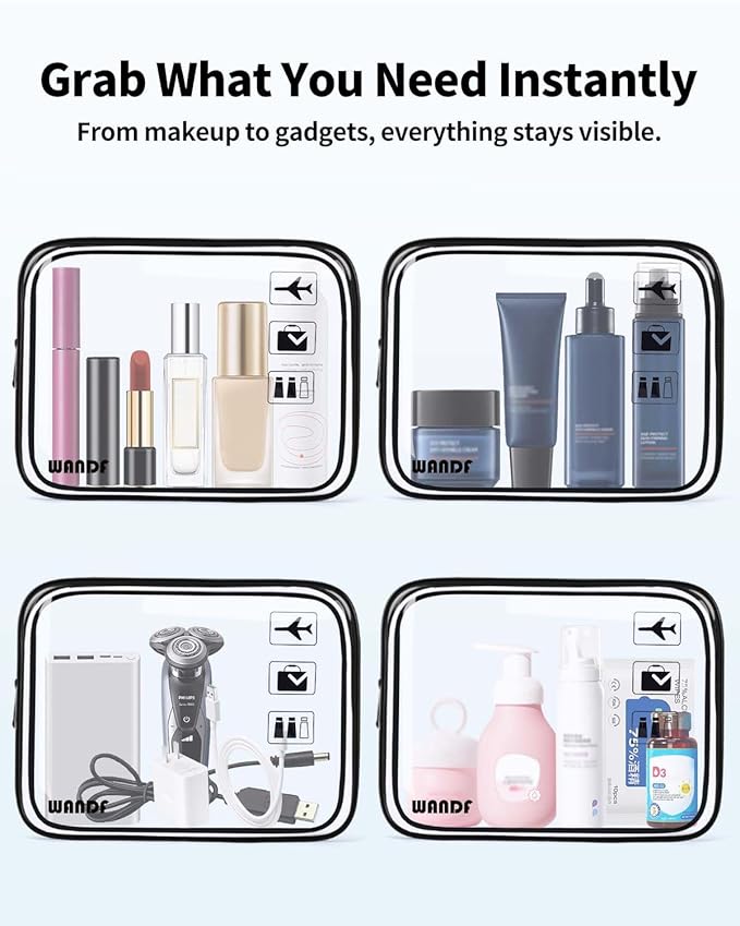 WANDF TSA Approved Toiletry Bag, 2 Packs Travel Clear Toiletry Bag, Quart Size Makeup Cosmetic Pouch with Zipper, Carry-On Airport Compliant Bag for Women and Men (2 pcs, Black)