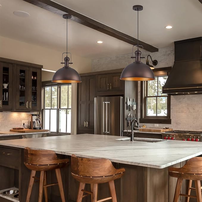 12 Inch ORB Farmhouse Pendant Lights for Kitchen Island 3 Pack | ETL Certificate, Easy to Install,Adjustable Height Cord,Vintage Industrial Dome Hanging Light Fixtures