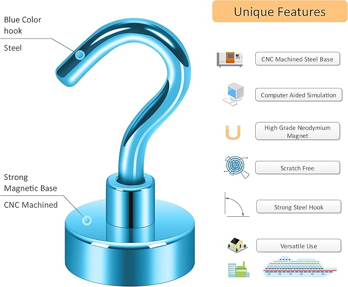 Neosmuk Magnetic Hooks,30lb+ Heavy Duty Earth Magnets with Hook for Refrigerator, Extra Strong Cruise Hook for Hanging, Magnetic Hanger for Cabins, Grill (Blue, Pack of 6)