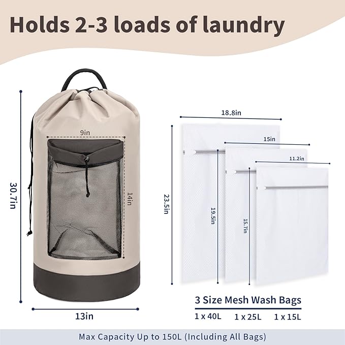 Laundry Bag Backpack with 3 Sizes Mesh Wash Bags and Shoulder Straps Foldable Clothes Hamper Bag with Drawstring Closure for College, Apartment, Laundromat (Grey)