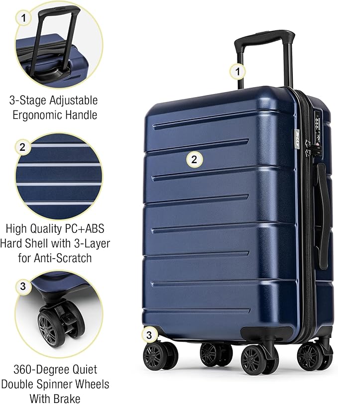 KYME Carry On Luggage 22x14x9 Airline Approved Hardshell Carry On Suitcases with Wheels Travel Rolling 20 Inch Luggage with Cup Holder for Women Men,Carry-on Navy
