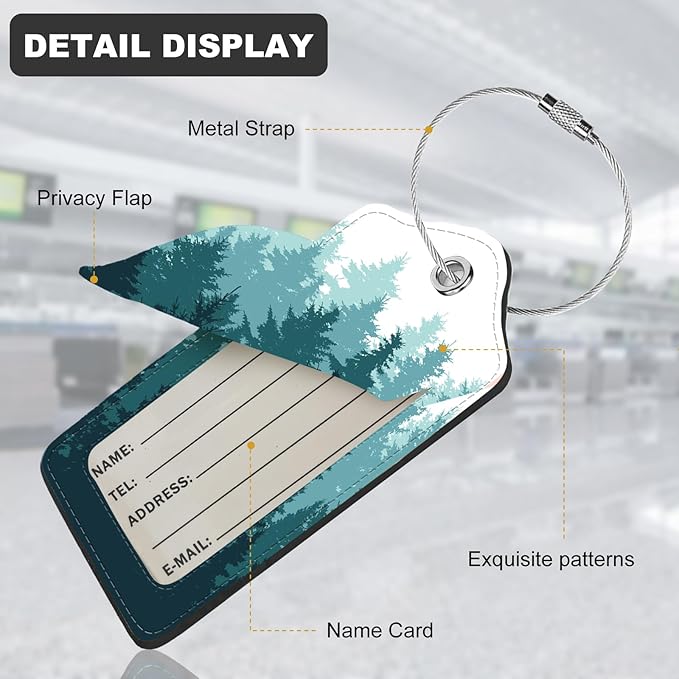 2Pack Luggage Tags for Suitcases, Cute Unique Pu Leather Cruise Luggage Tag with Privacy Cover ID Label Address Card and Metal Ring Suitable for Women Men Kids Travel Bag Green Forest