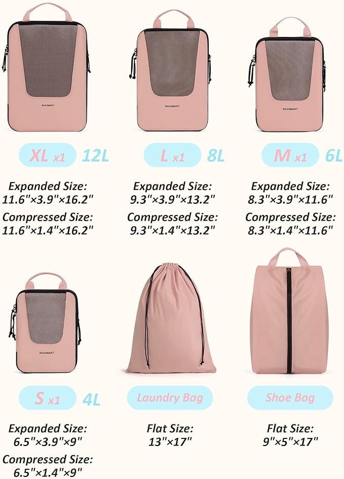 BAGSMART Compression Packing Cubes for Travel, 6/5/4set Lightweight Packing Organizers, Summer Travel Essentials Suitcase Organizer Bags Set