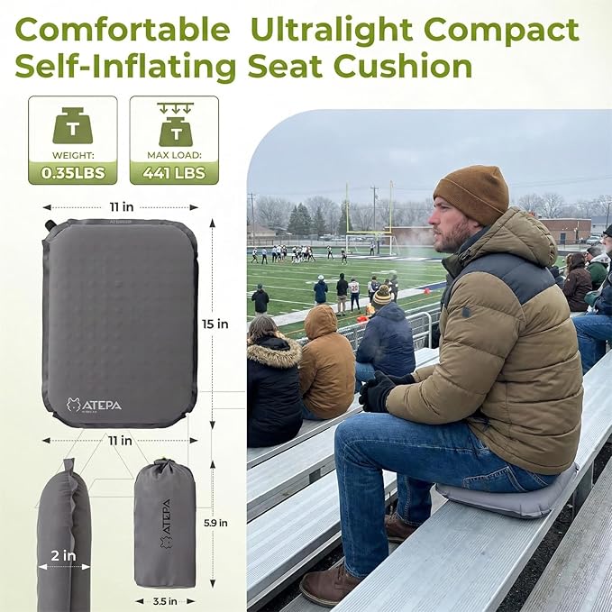 ATEPA Inflatable Seat Cushion, Self-Inflating Portable Stadium Airplane Travel Foam Cushion Pad for Camping, Sports Events, Outdoor