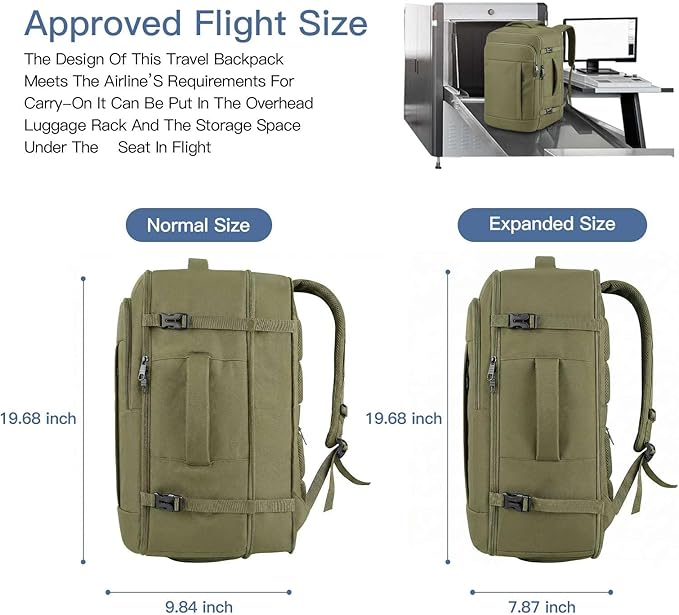 Travel Backpack, Extra Large 50L Expandable Backpack for Men Women, Carry On Backpack For Airplanes, Travel Essentials Luggage Suitcase Daypack Travel Gift Weekender Bag, Army Green
