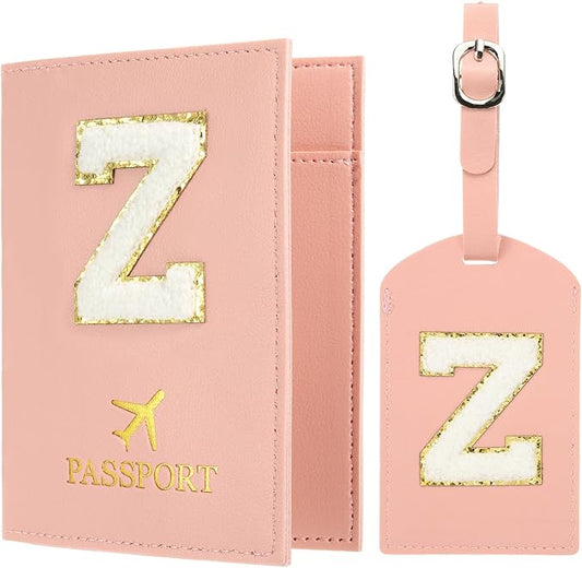 PATIKIL Passport Holder for Travel, Initial Passport Cover and Luggage Tag Set with Alphabet Chenille Letter Patch Travel Wallet Bag Suitcase Identifier for Women Family Travel Pink Z