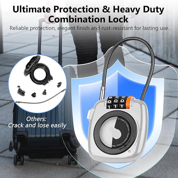 Compatible with Apple AirTag Secure Lock with Wire Cable, 3-Digit Combination Luggage Locks, Alloy Body Ultra Durable Anti-Lost Protective Case for Luggage, Suitcase (White*2)