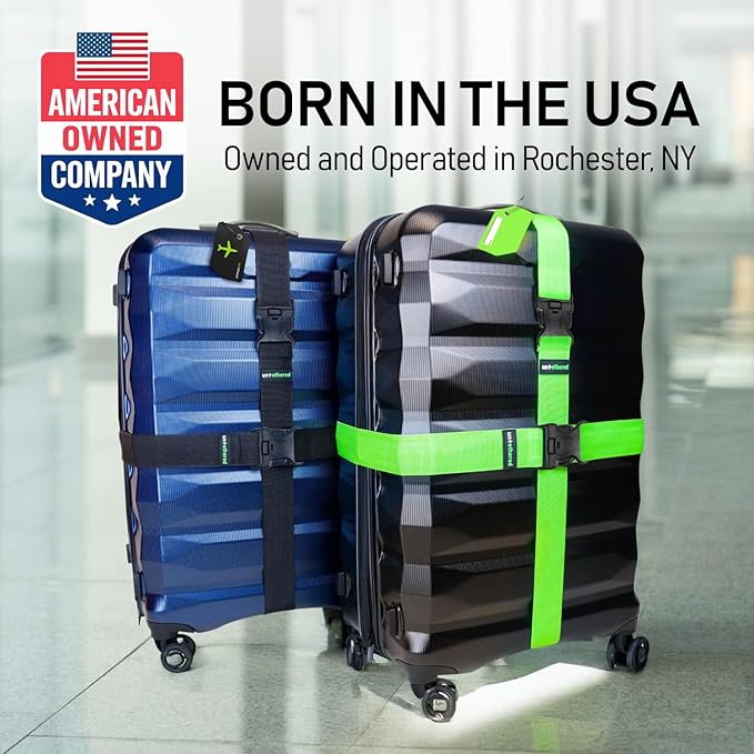 Untethered Ultimate Travel Set: 4 Premium Luggage Straps and 4 Silicone Tags - Secure & Identify Your Bags with Ease (Green + Tags)