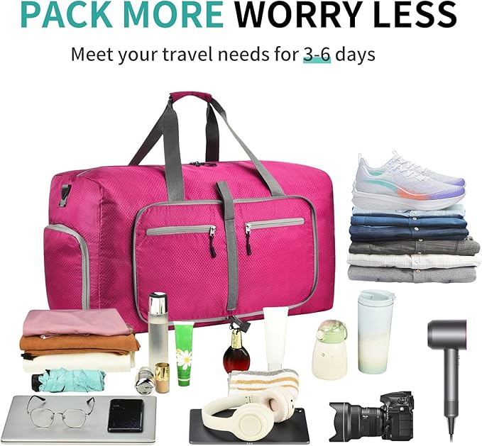 Dimayar Travel Duffle Bag for Men Women - Foldable Duffel Bag with Shoes Compartment - Overnight Bags Waterproof & Tear Resistant(65L,Fuchsine)