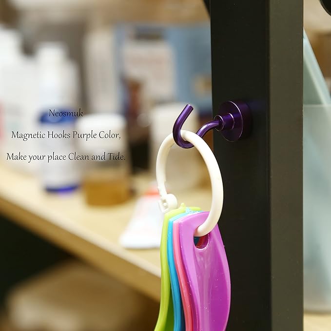 Neosmuk Magnetic Hooks, 30lb+ Heavy Duty Earth Magnets with Hook for Refrigerator, Extra Strong Cruise Hook for Hanging, Magnetic Hanger for Cabins, Grill (Purple, Pack of 6)