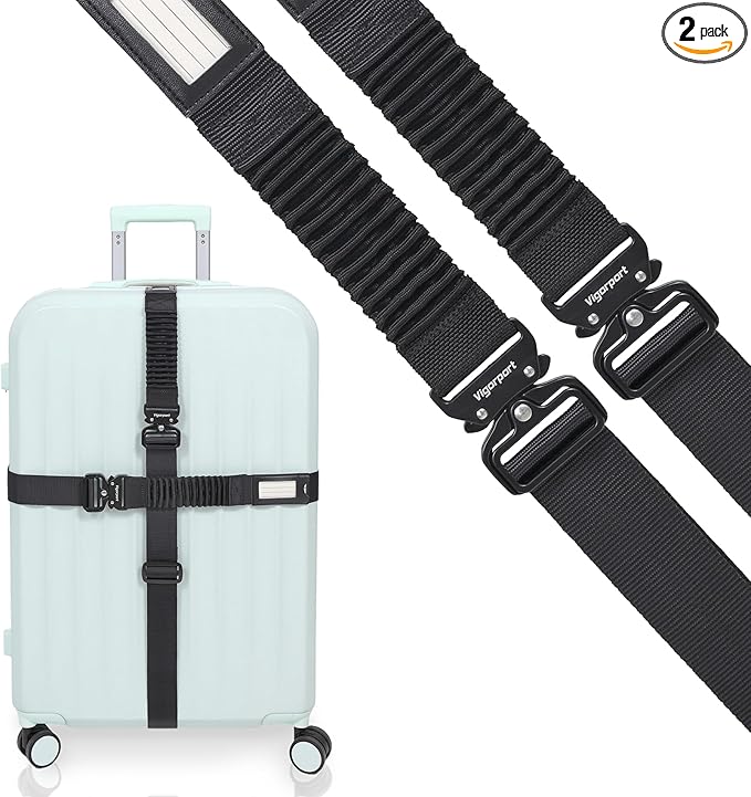 Vigorport Luggage Straps for Suitcases TSA Approved Suitcase Belt, Heavy Duty Metal Buckle Luggage Belt Strap, Stretchable Travel Strap for Luggage 72" Long (2PK)